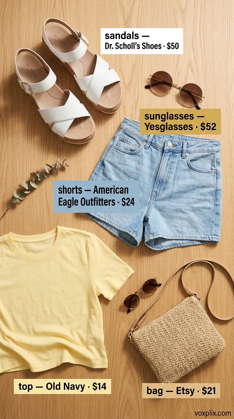 Light wash denim shorts and pastel yellow tee for comfy oversized summer outfits for women 2026, with straw bag and flatforms.