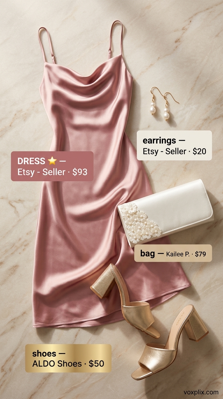 Dusky rose satin slip dress for comfy oversized summer outfits for women 2026, paired with pearl earrings and champagne mules.