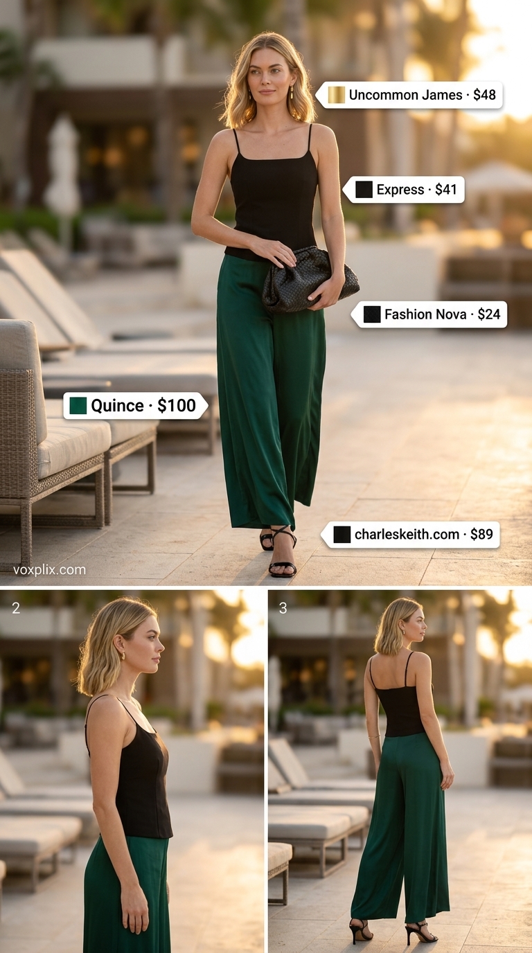 Emerald green palazzo pants and black camisole for comfy oversized summer outfits for women 2026, with gold earrings and sandals.