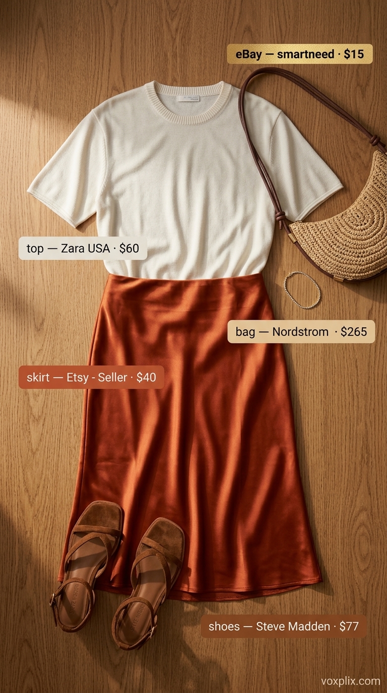 Comfy oversized summer outfits for women 2026: Terracotta slip skirt, cream ribbed top, & block heels for evening gatherings.