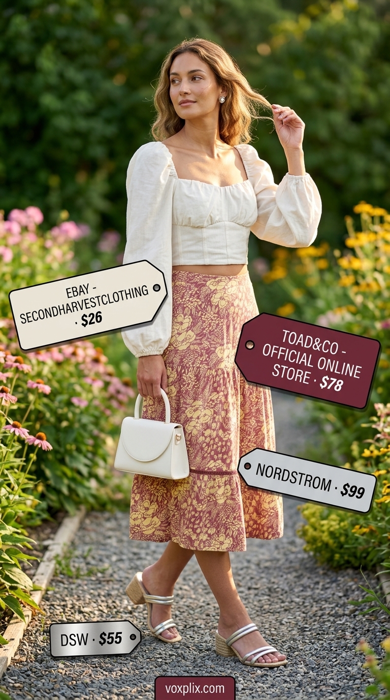 Comfy oversized summer outfits for women 2026: Lavender tiered skirt, ivory crop top, & espadrilles for garden party.