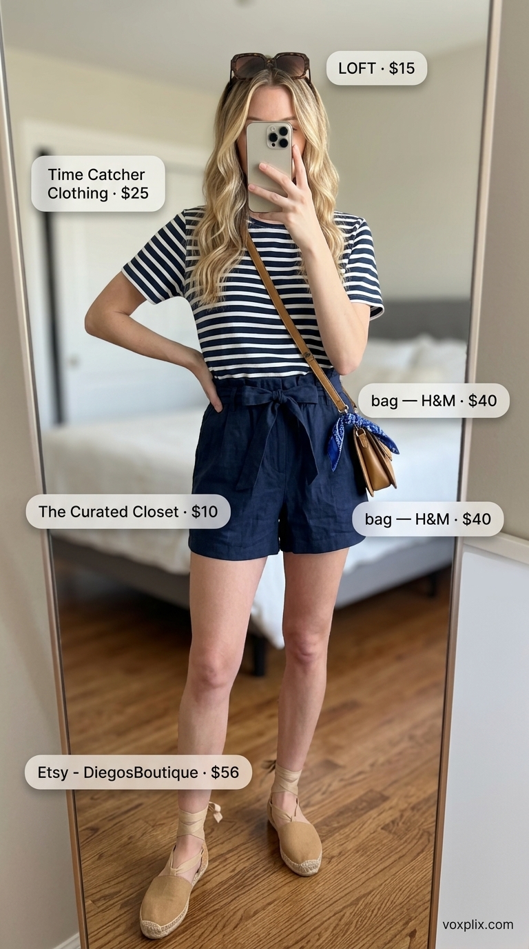 Navy linen shorts and Breton stripe tee for comfy oversized summer outfits for women 2026, styled with tan bag and espadrilles.