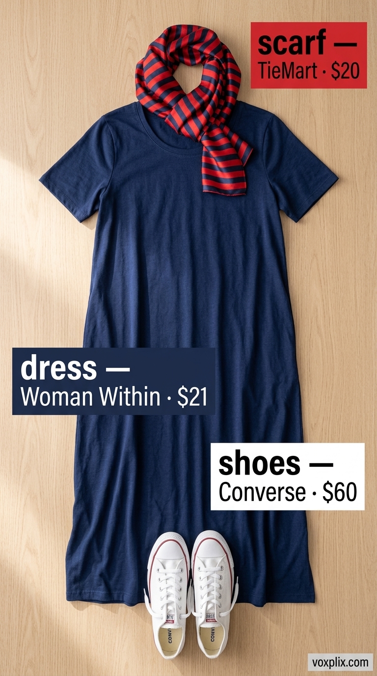 Navy oversized t-shirt maxi dress for comfy oversized summer outfits for women 2026, with white sneakers and striped scarf.