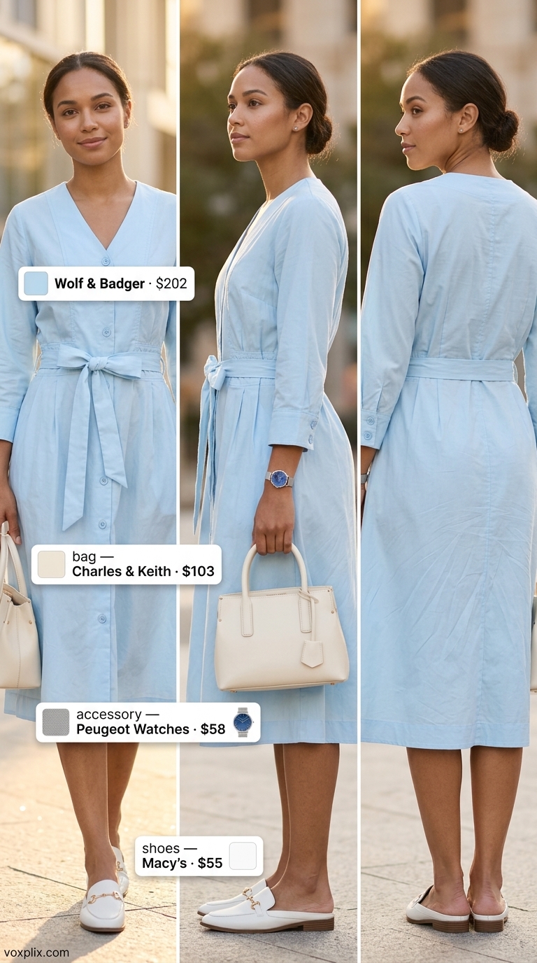 Comfy oversized summer outfits for women 2026: Sky blue shirt dress, white mules, & structured tote for office chic.