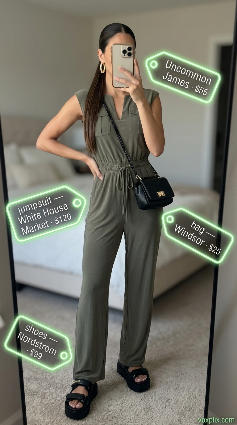 Olive green utility jumpsuit for comfy oversized summer outfits for women 2026, styled with chunky sandals and gold hoops.