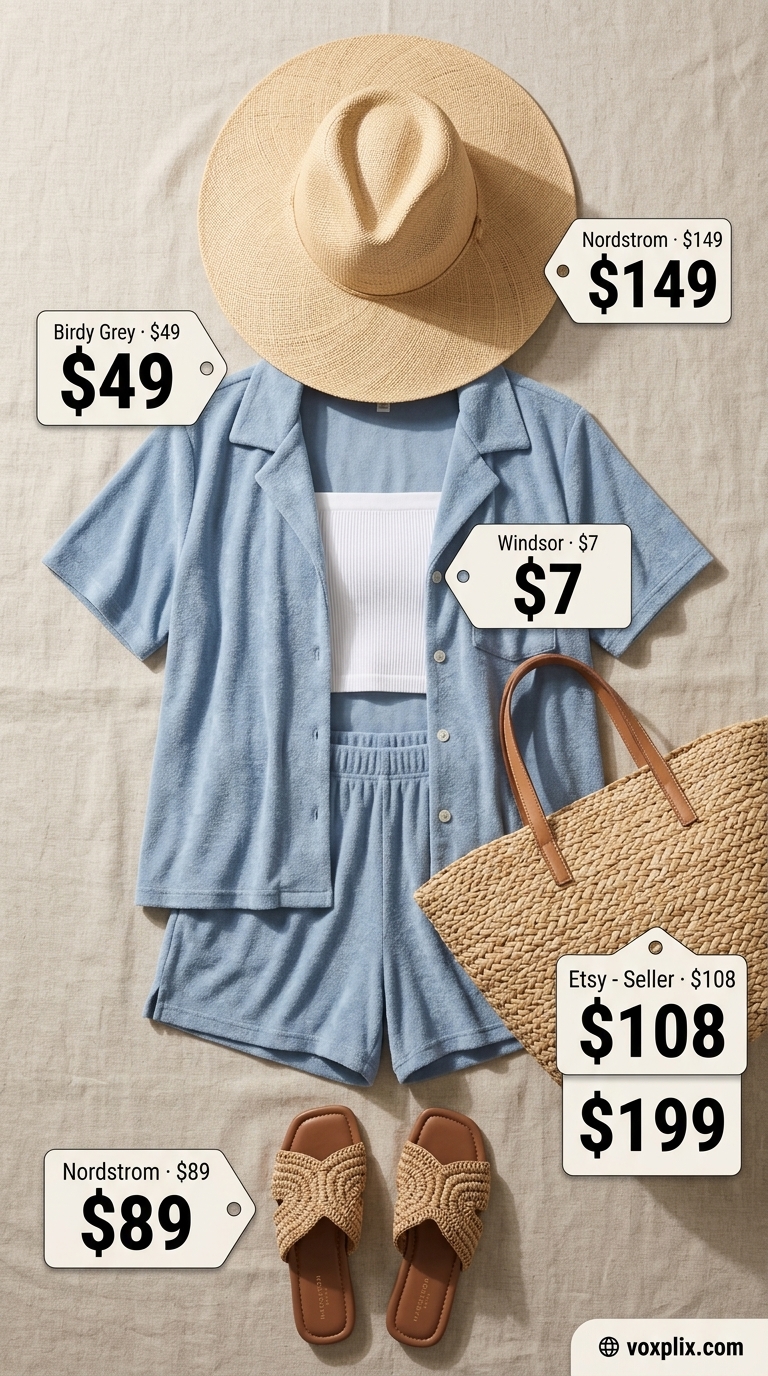 Sky blue oversized shirt and shorts set for comfy oversized summer outfits for women 2026, with straw hat and sandals.
