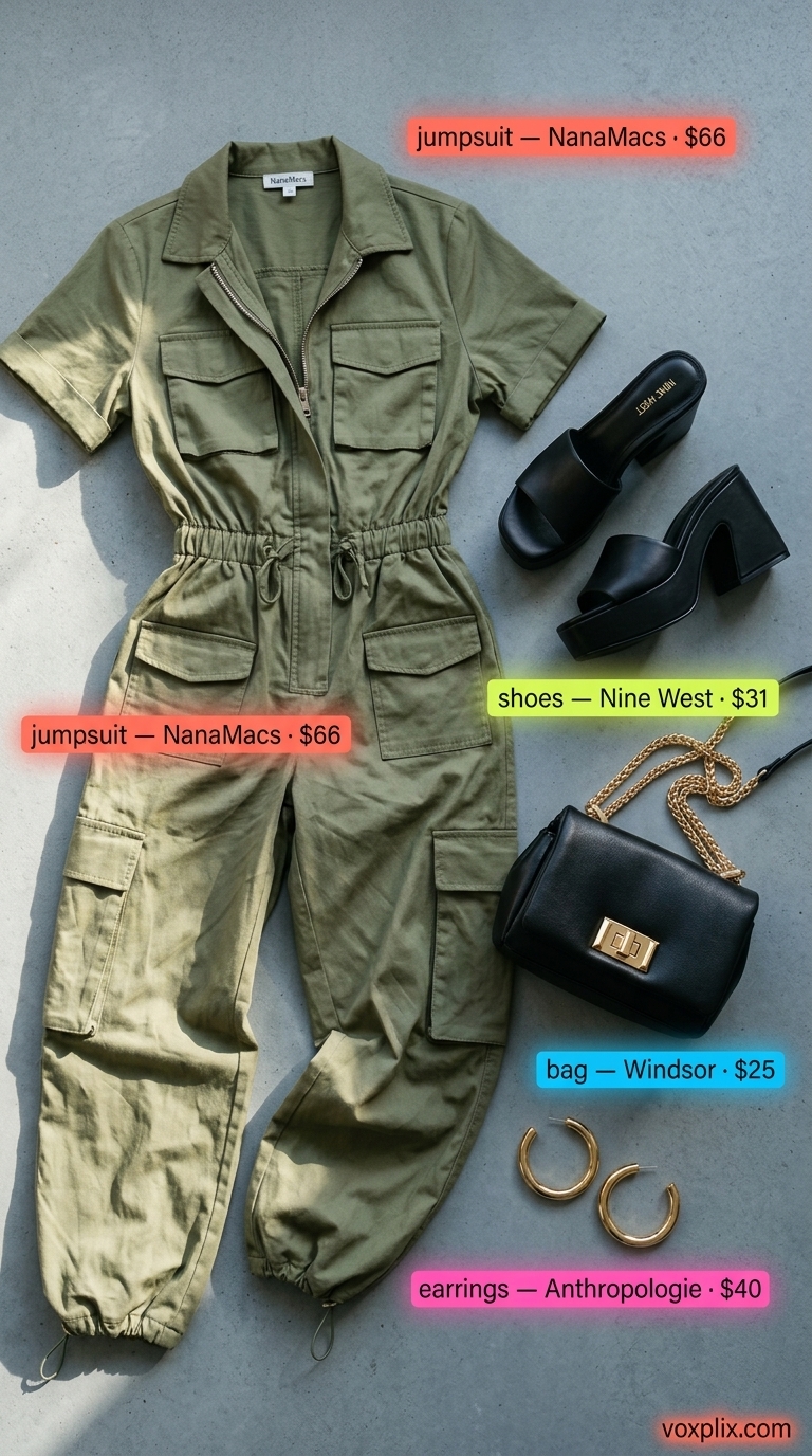 Comfy oversized summer outfits for women 2026: Olive utility jumpsuit, black platform sandals, & gold hoops for weekend.