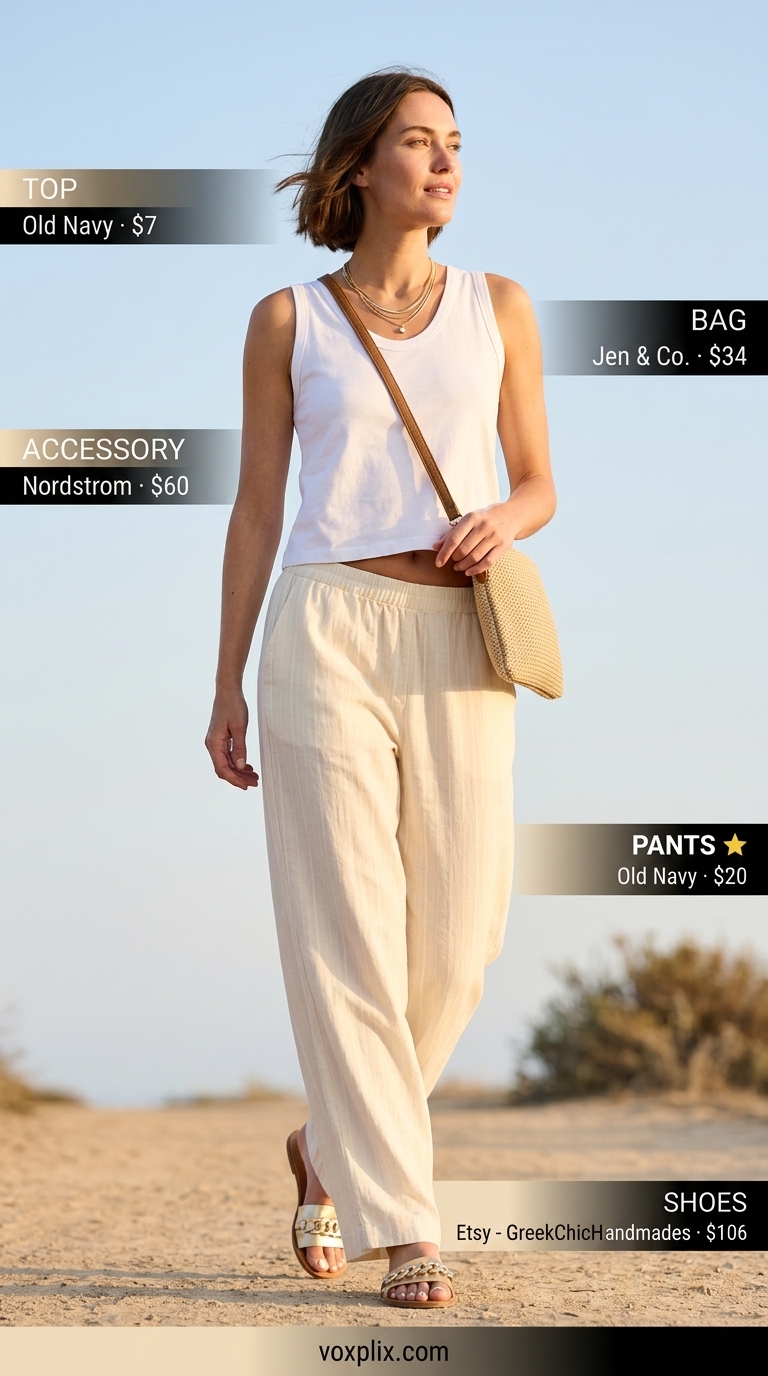 Comfy oversized summer outfits for women 2026: Linen pants, knit tank, slide sandals for relaxed weekend brunch.