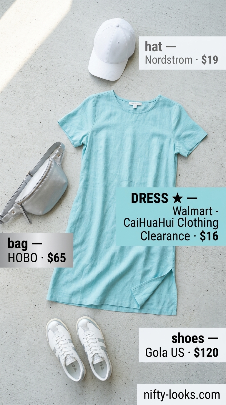 Aqua blue cotton t-shirt dress with white sneakers for active city exploration.