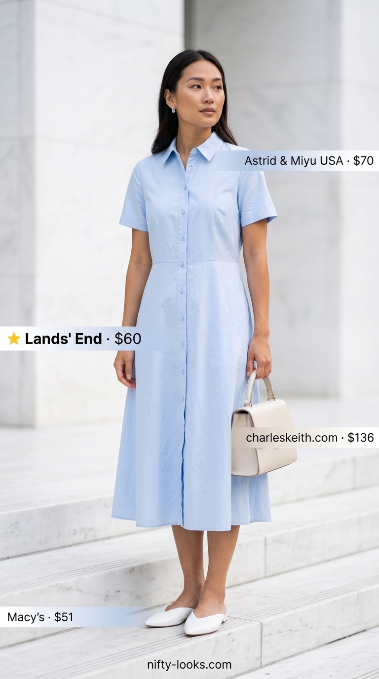 Pale blue cotton summer sundress 2026 for art gallery opening, styled with cream bag and silver flats.