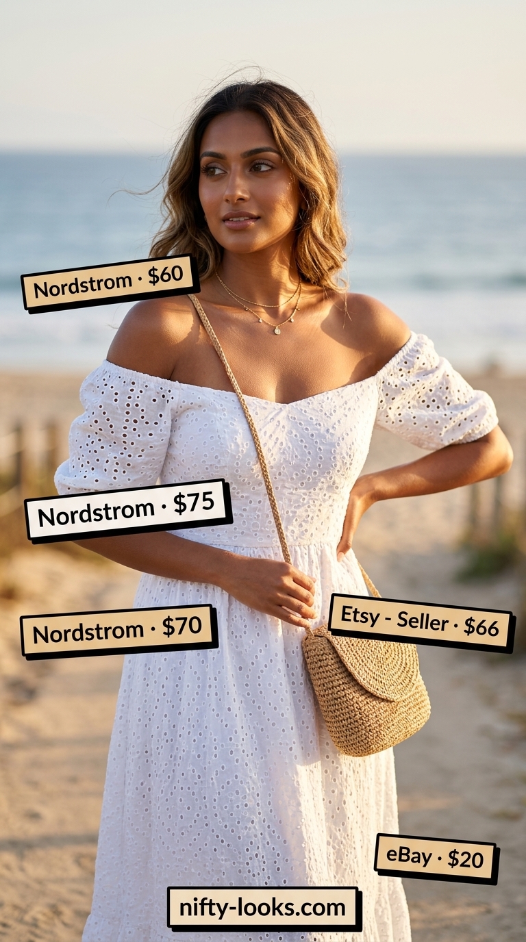 White cotton eyelet maxi sundress with espadrille sandals for a bohemian picnic.