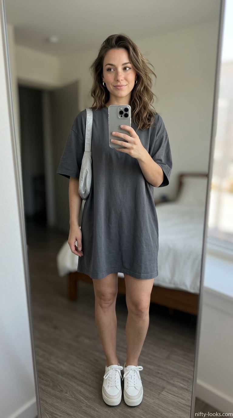 Casual city weekend outfit featuring a charcoal gray cotton sundress, white sneakers, and black shoulder bag. Cotton summer sundresses 2026.