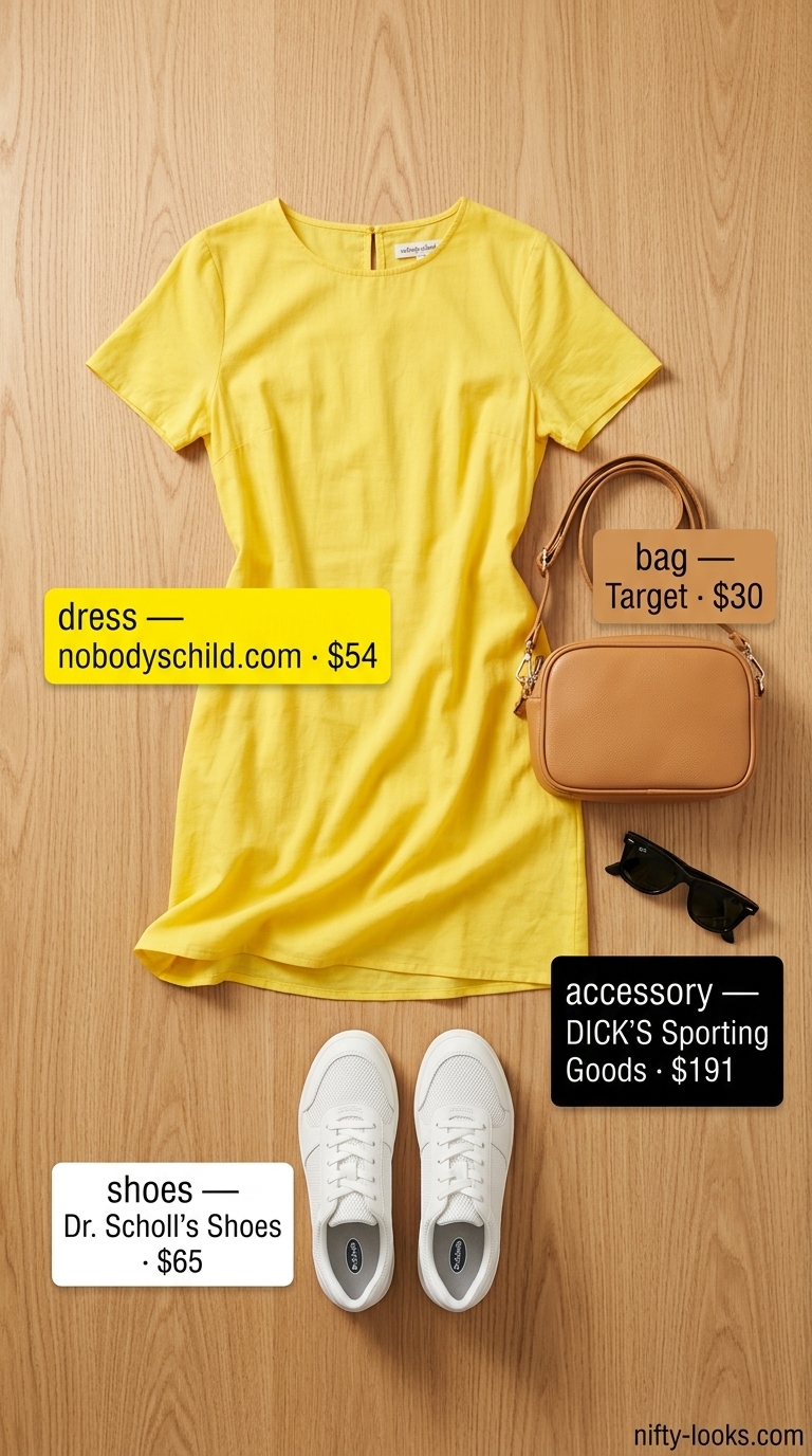 Sunshine yellow cotton summer sundress 2026 for city exploration, with white sneakers and tan crossbody.