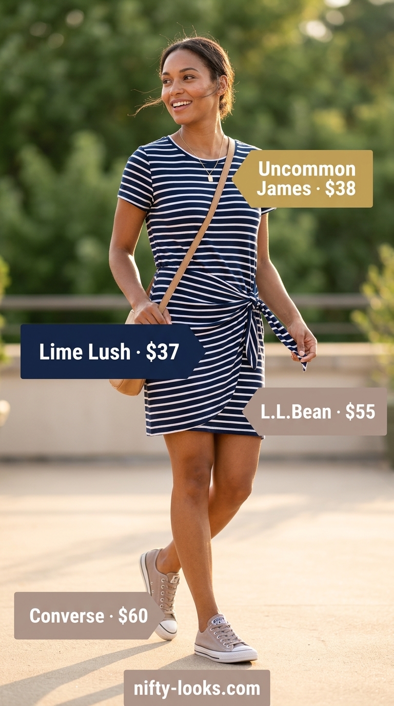 Navy and white striped cotton summer sundress 2026 for coastal brunch, with white sneakers and crossbody bag.