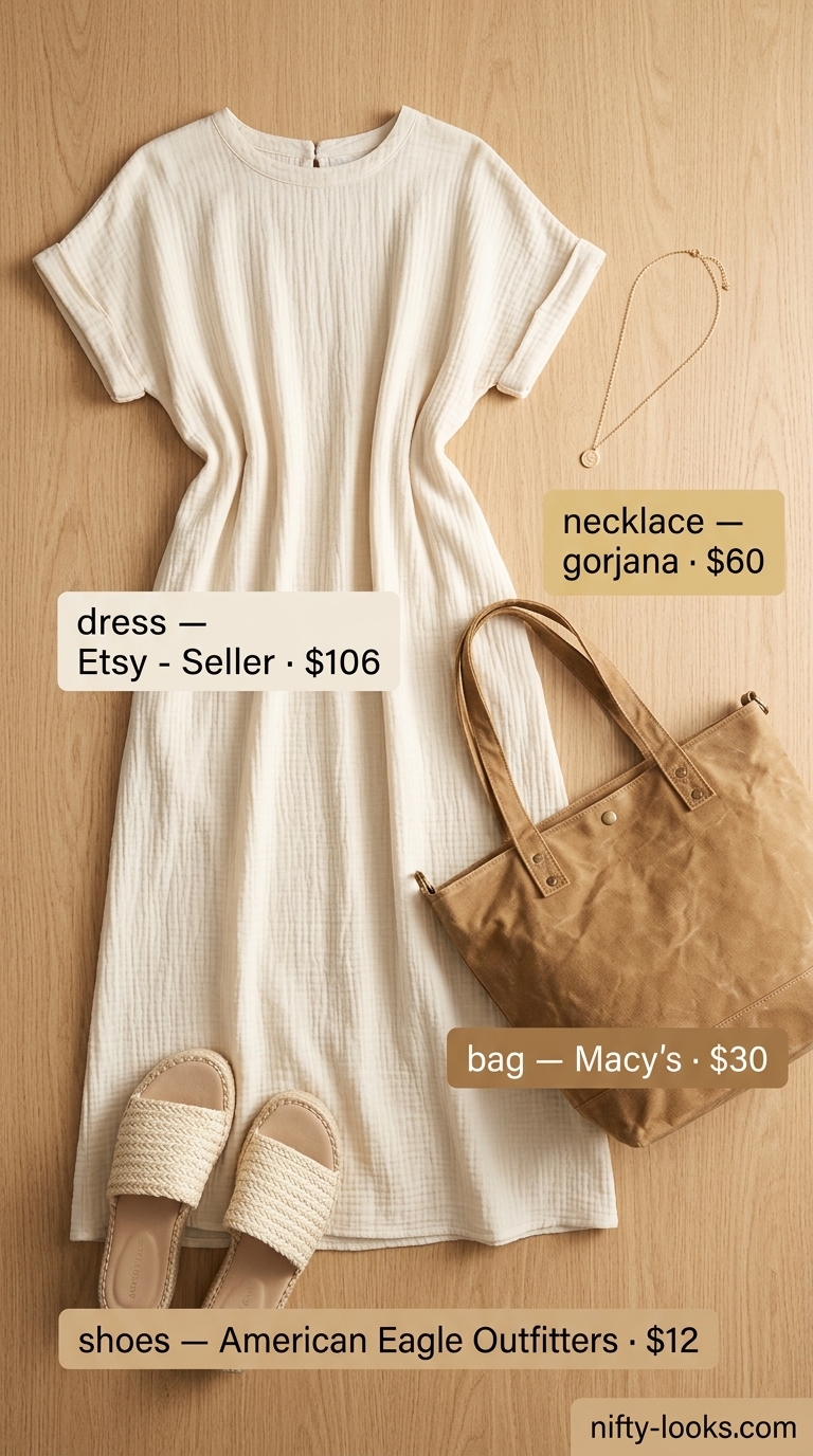 Cream cotton maxi shirt dress with raffia slide sandals for a coastal market run.