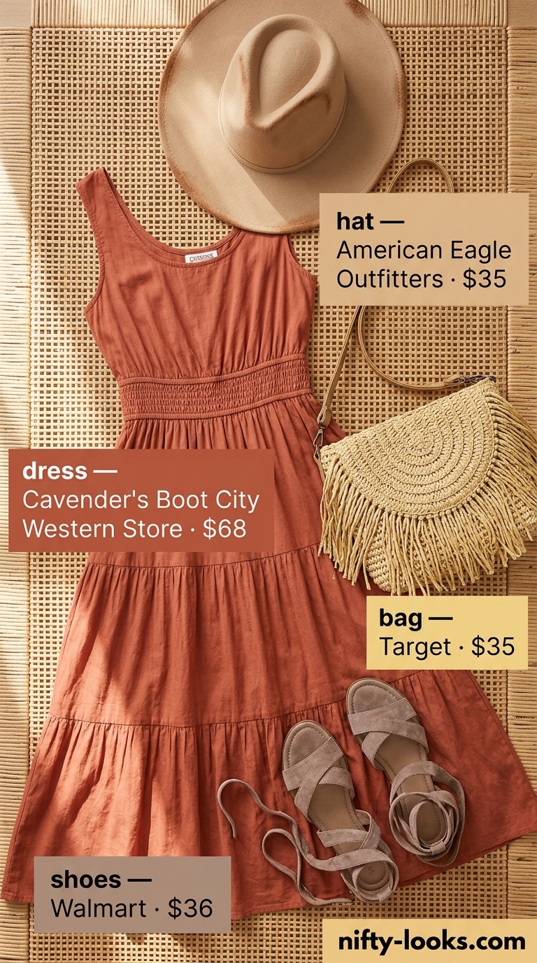 Terracotta orange crinkle cotton maxi dress with gladiator sandals for a festival.