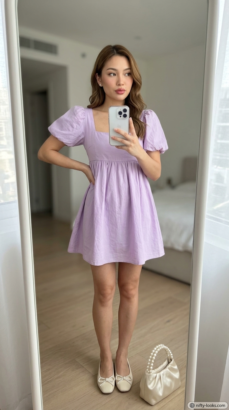 Lavender cotton summer sundress 2026 for garden party, paired with cream ballet flats and pearl bag.