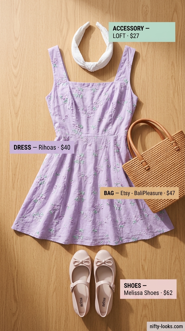 Lavender cotton poplin sundress for a garden tea party. Cotton summer sundresses 2026. Whimsical and feminine style with pearl accents.