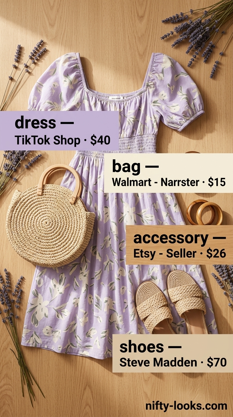 Lavender abstract print cotton summer sundress 2026 for art gallery, with straw bag and raffia slides.