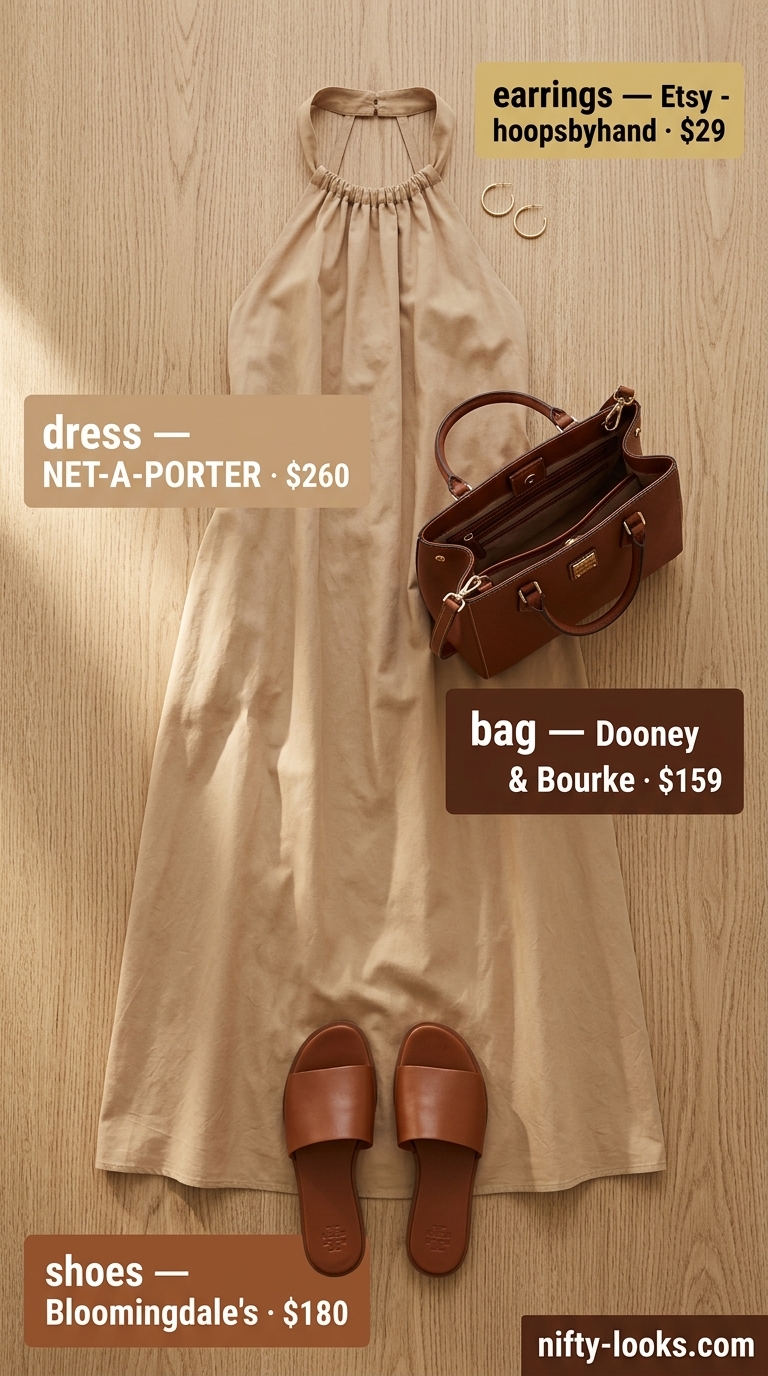 Beige cotton summer sundress 2026 for resort elegance, with brown sandals and shoulder bag.