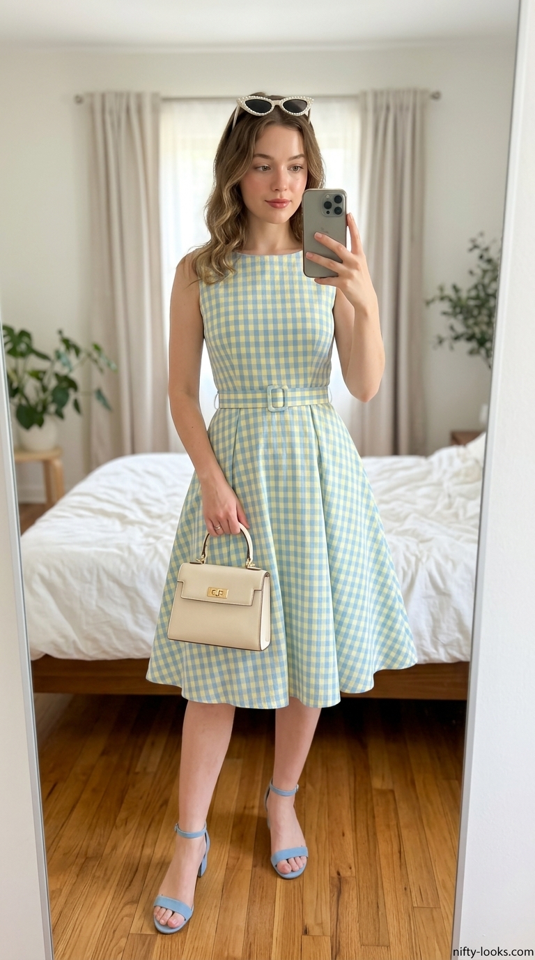 Pastel yellow gingham cotton midi dress with white sandals for a retro park stroll.