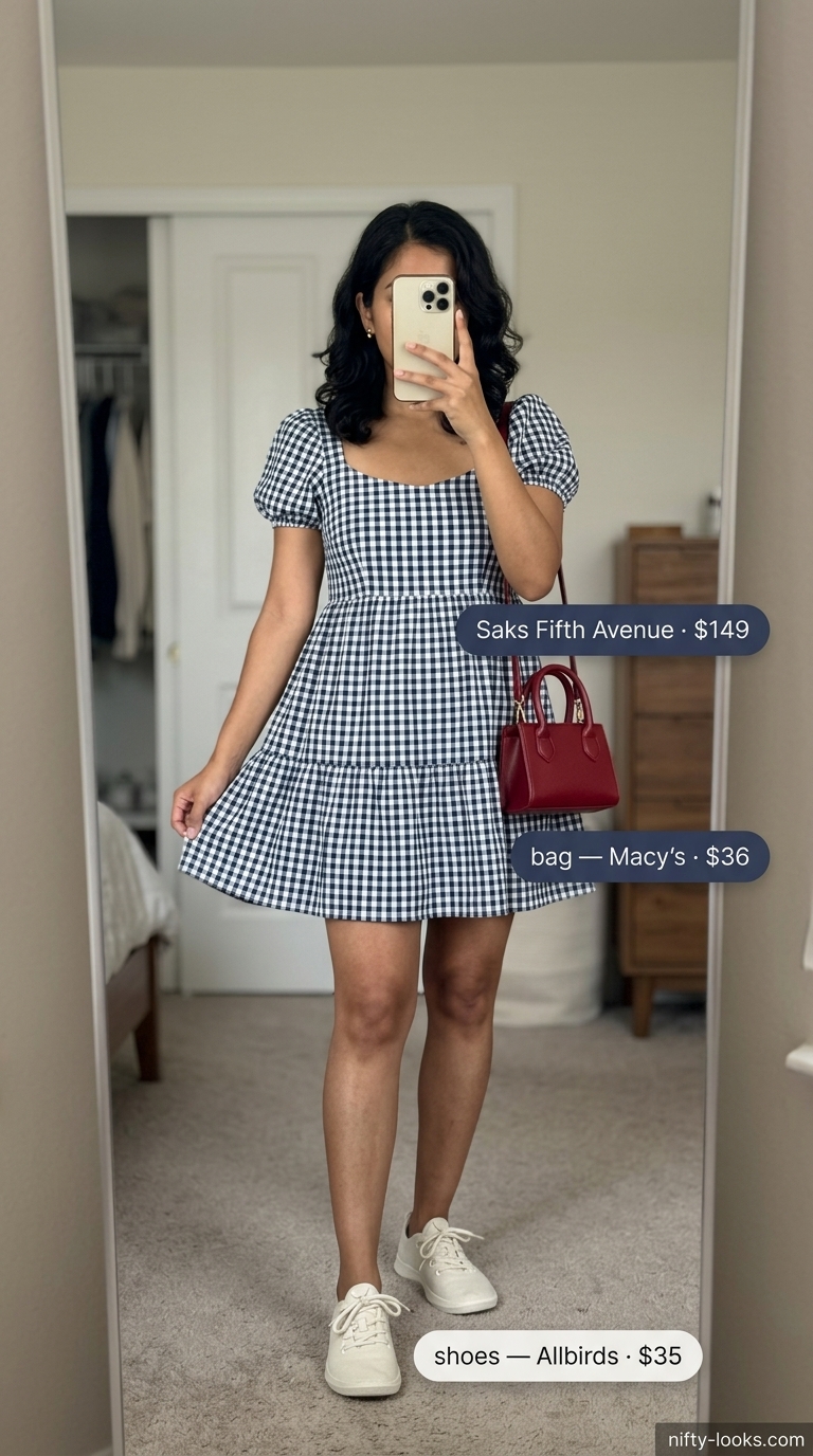 Navy and white gingham cotton sundress for a retro picnic day. Cotton summer sundresses 2026. Sweet and playful style.