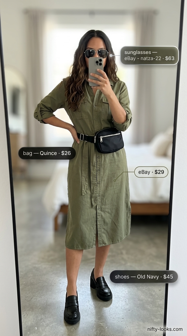 Olive green cotton utility shirt dress with black loafers for a safari city stroll.