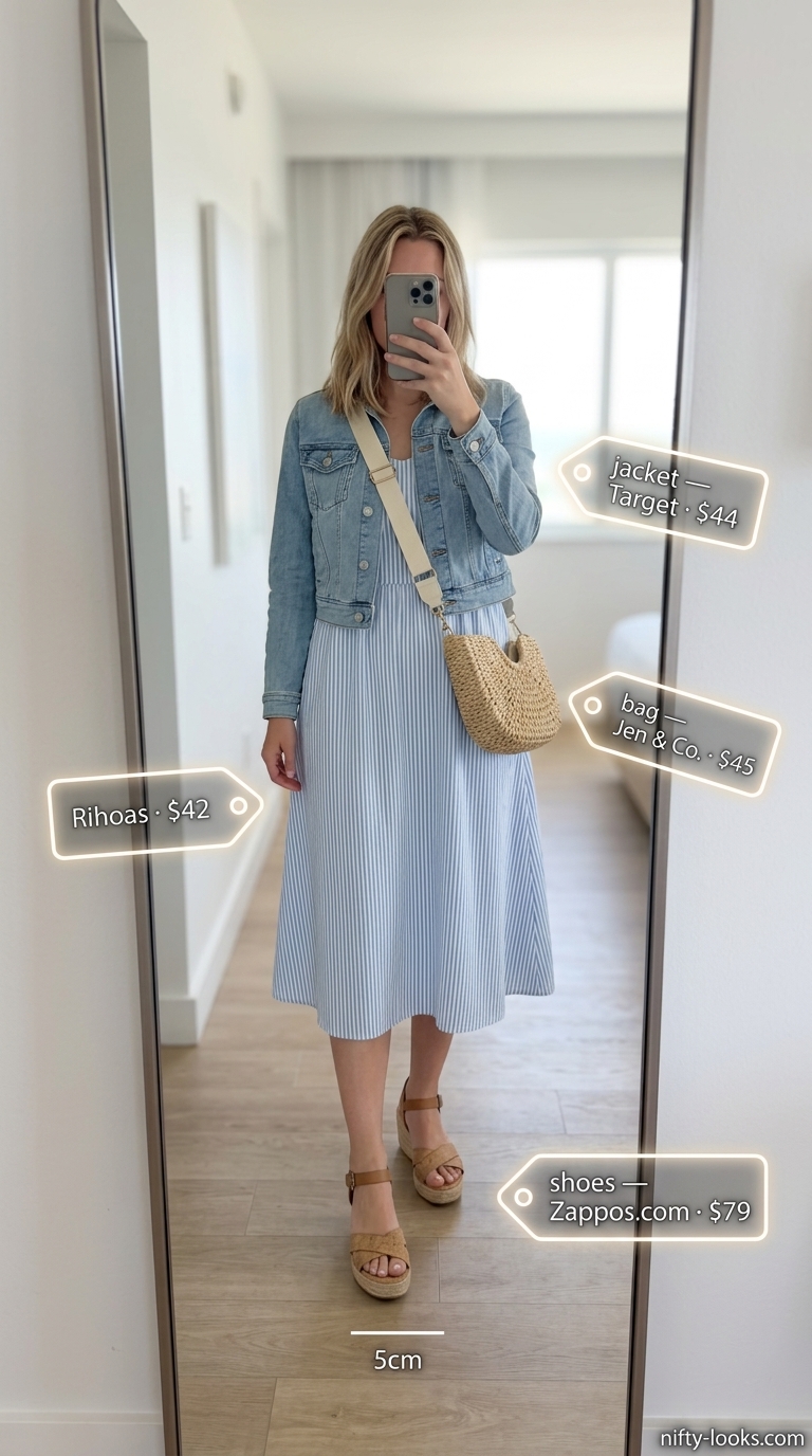 Sky blue striped cotton sundress for a seaside escape. Cotton summer sundresses 2026. Paired with white denim jacket and espadrilles.