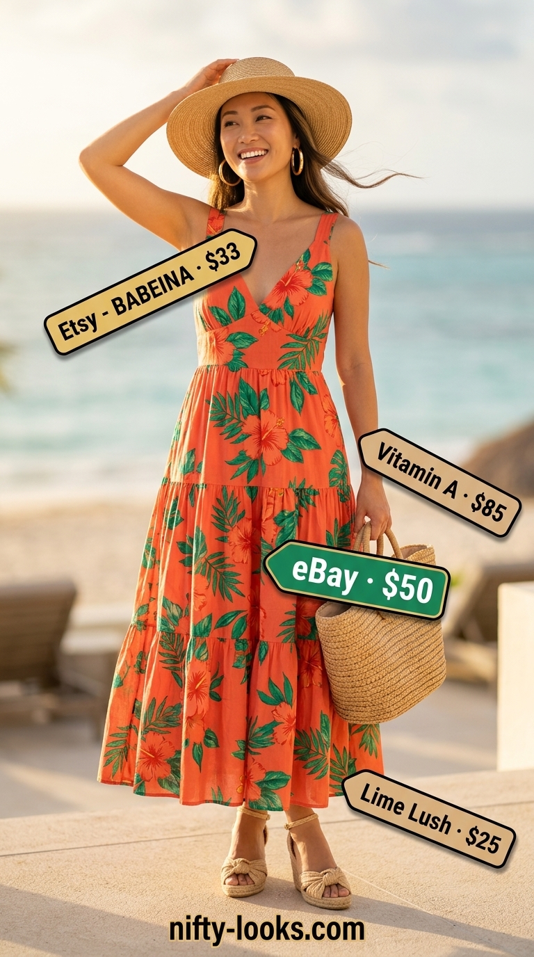 Coral and orange tropical print cotton voile maxi sundress with raffia wedge sandals.