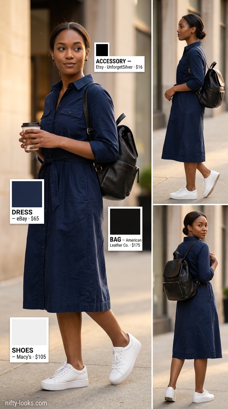 Navy cotton utility shirtdress with white sneakers and grey backpack for a casual work day outfit.