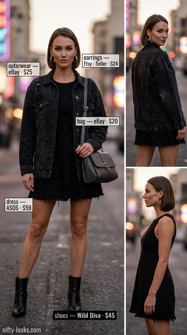 Edgy black cotton shift dress for urban edge evening. Cotton summer sundresses 2026. Styled with distressed denim jacket and platform boots.