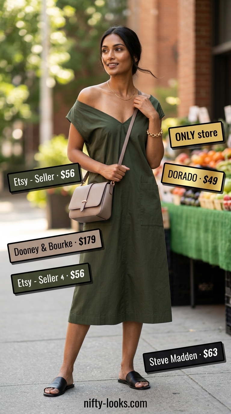 Olive green cotton summer sundress 2026 for urban safari, with black sandals and shoulder bag.