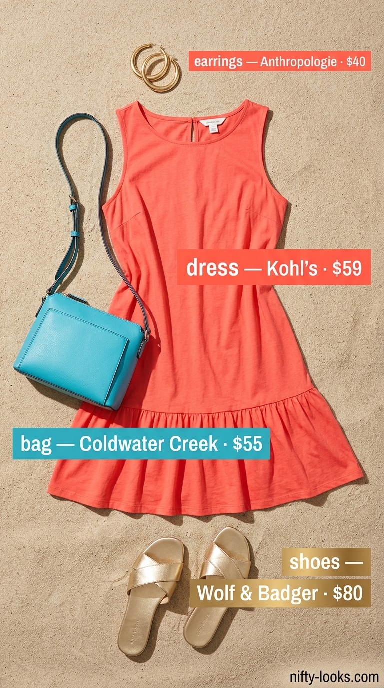 Vibrant coral cotton summer sundress 2026 for vacation, with gold slides and woven crossbody bag.