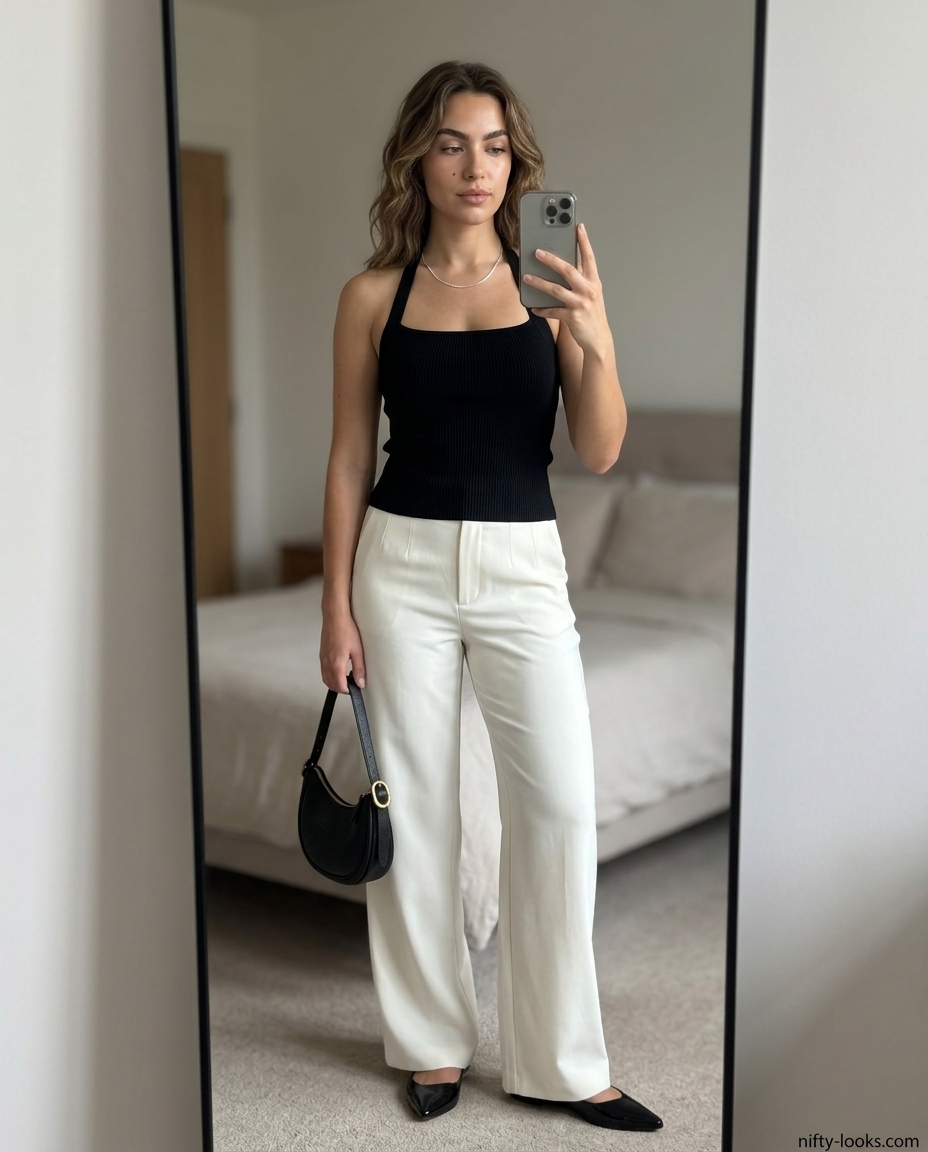 90s minimalist crochet summer halter top outfits for women 2026: Black crop top, white trousers, flats, and shoulder bag.