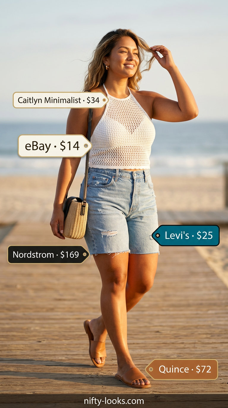 Coastal crochet summer halter top outfits for women 2026: Cream halter top, denim shorts, slide sandals, and straw bag.