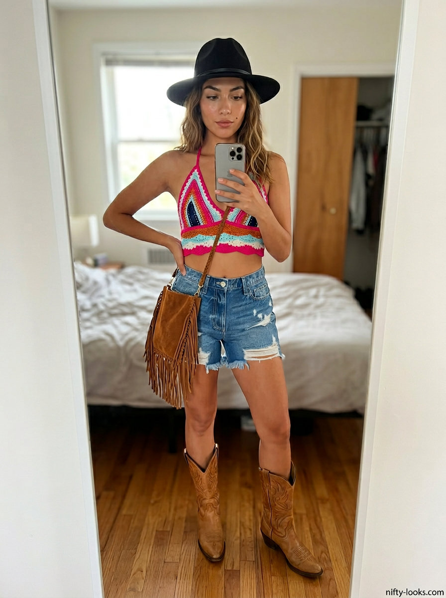Festival crochet summer halter top outfits for women 2026: Hot pink halter top, denim shorts, felt hat, and cowboy boots.