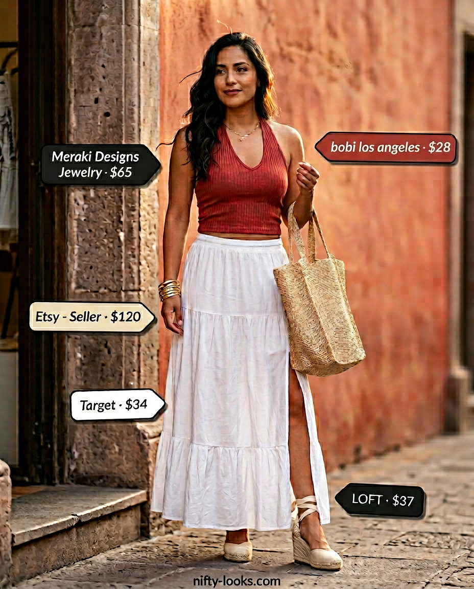 Terracotta halter top with maxi skirt outfit for women 2026, perfect for vacation evenings and resort wear.