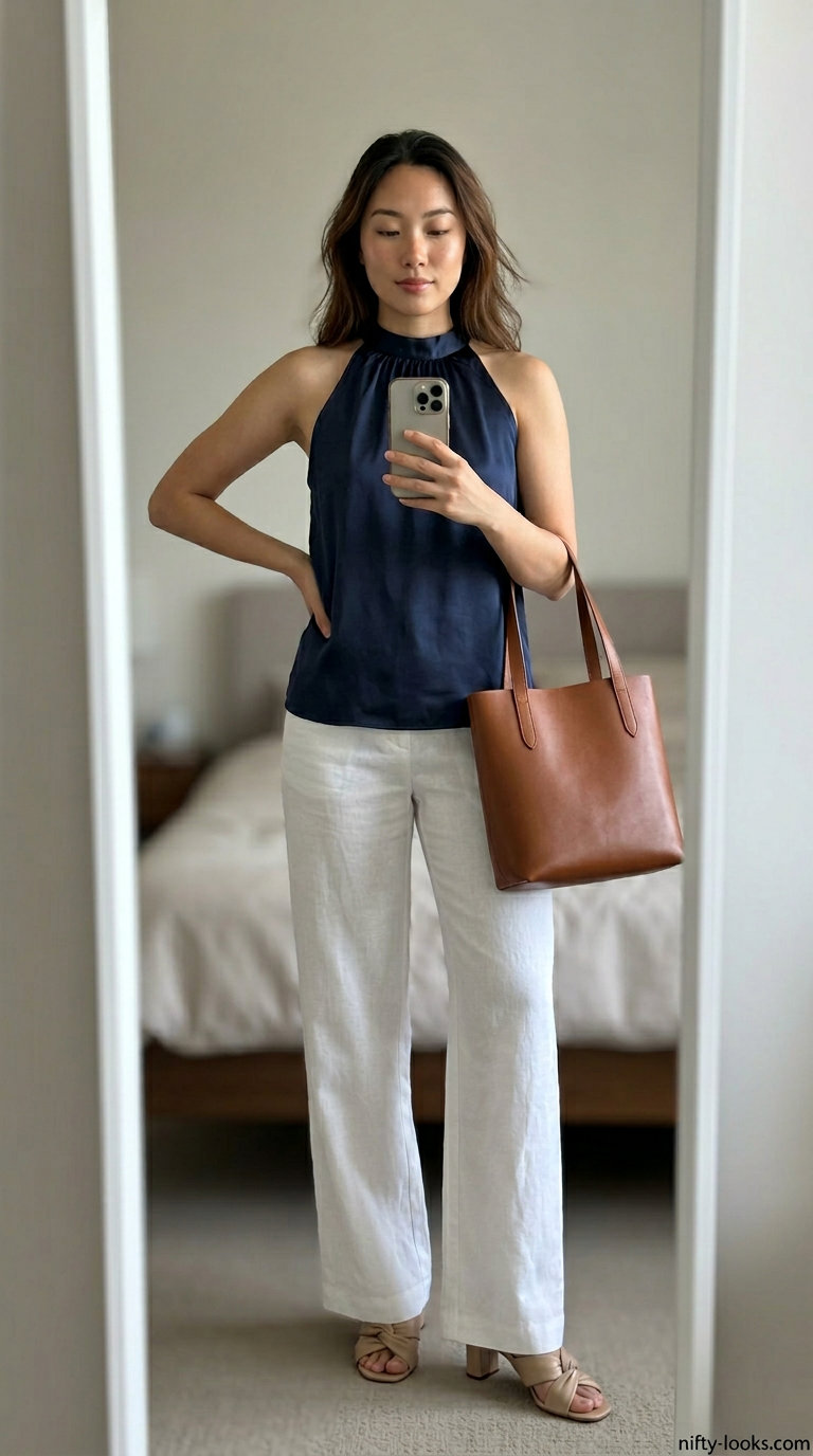 Modern Riviera crochet summer halter top outfits for women 2026: Navy halter top, white linen trousers, tan mules, and tote.