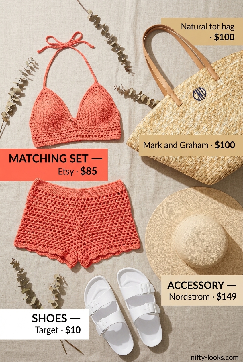 Poolside crochet summer halter top outfits for women 2026: Coral matching set, straw hat, slide sandals, and tote.