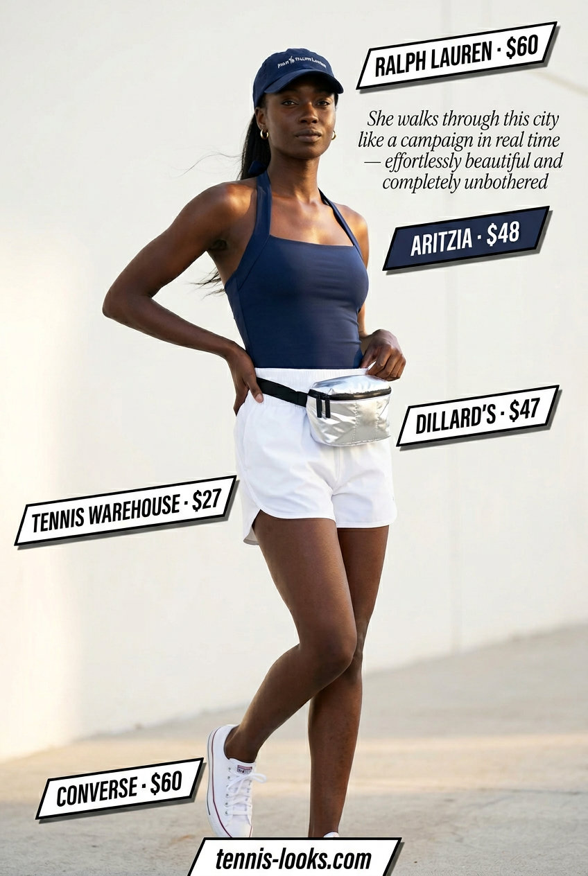 Navy blue knit halter top outfit for women 2026, sporty and casual for day outs and travel.