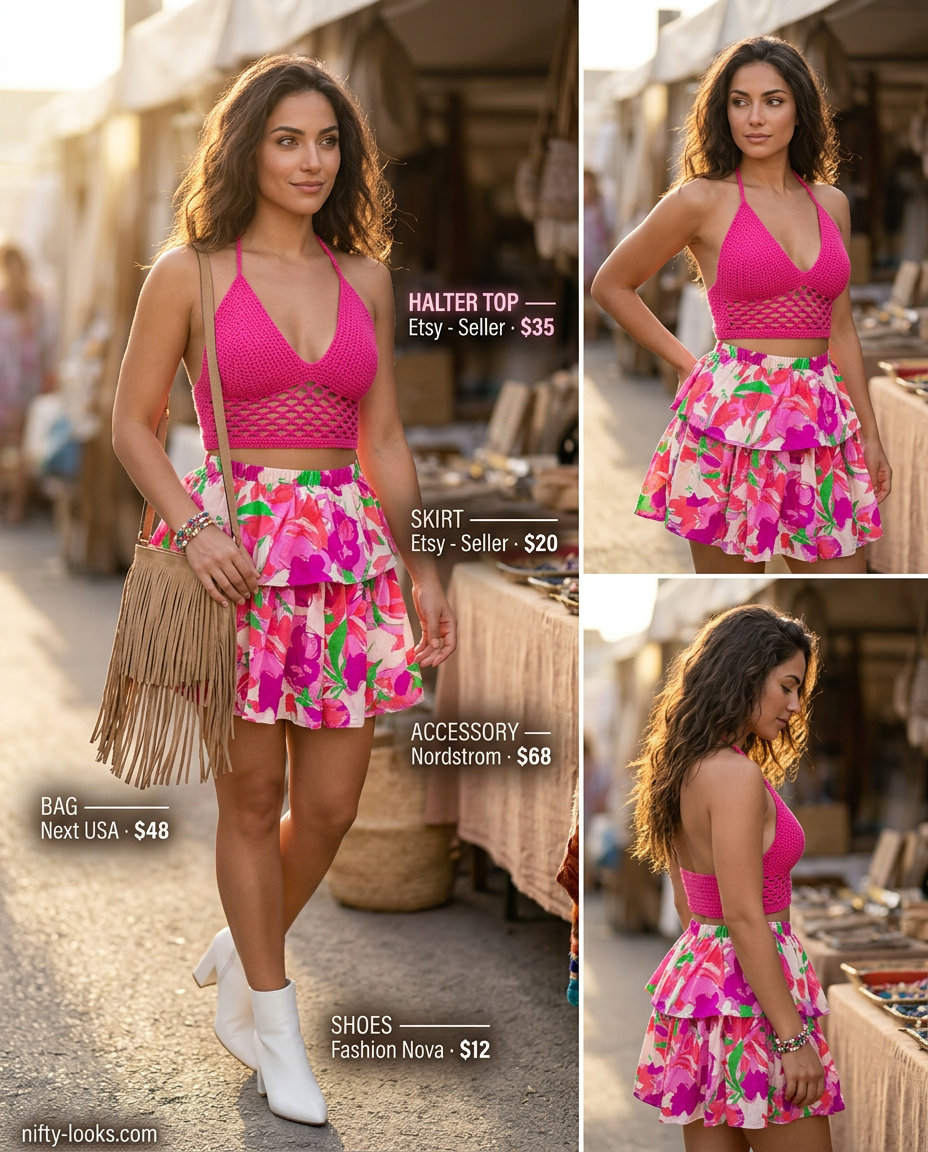 Bright pink crochet halter top with floral skirt outfit for women 2026, fun for festivals and parties.