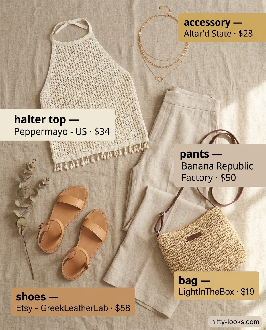 Sunset Serenity crochet summer halter top outfits for women 2026: Cream halter top, tan linen pants, sandals, and straw bag.