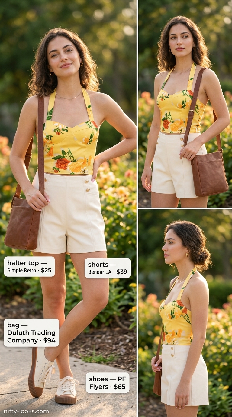 Mustard yellow vintage halter top outfit for women 2026, charming for casual afternoons and picnics.