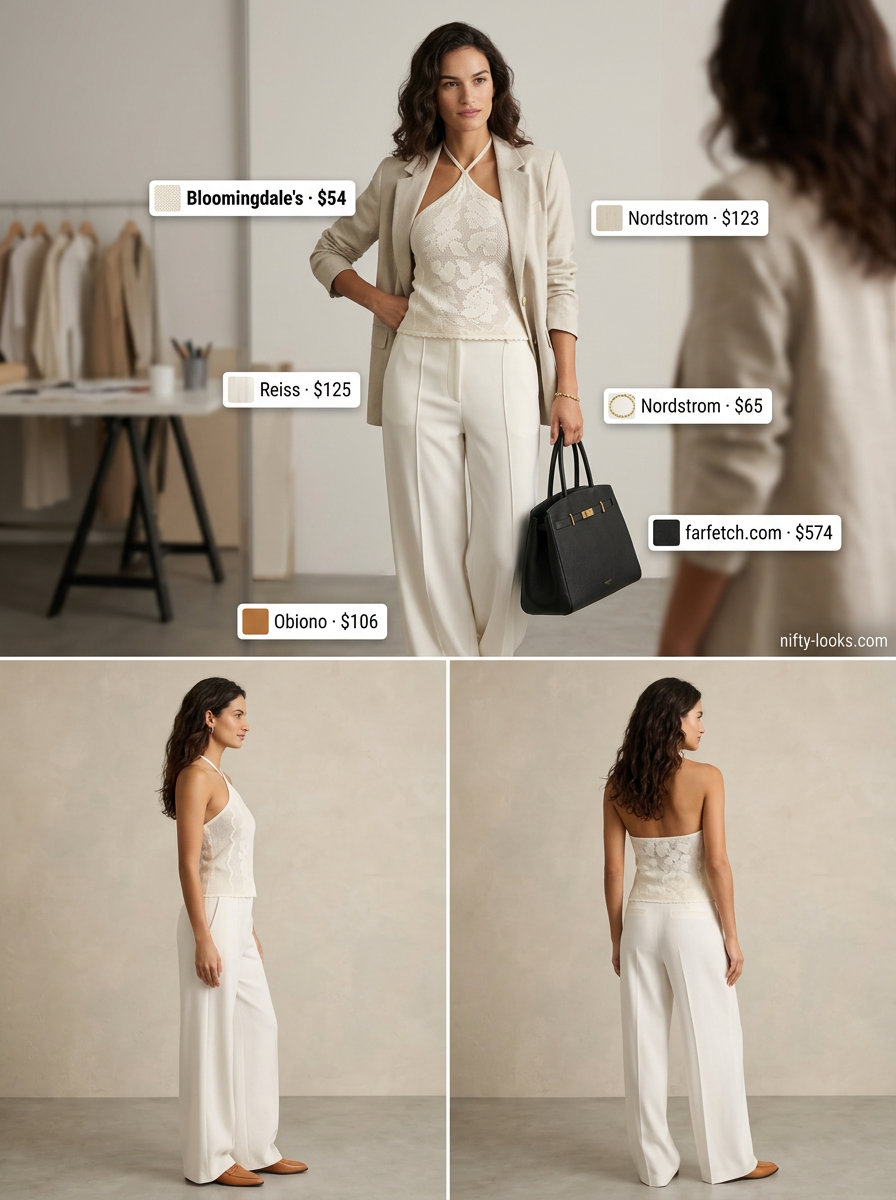 Ivory crochet halter top with beige blazer and white trousers for smart casual crochet summer halter top outfits for women 2026.