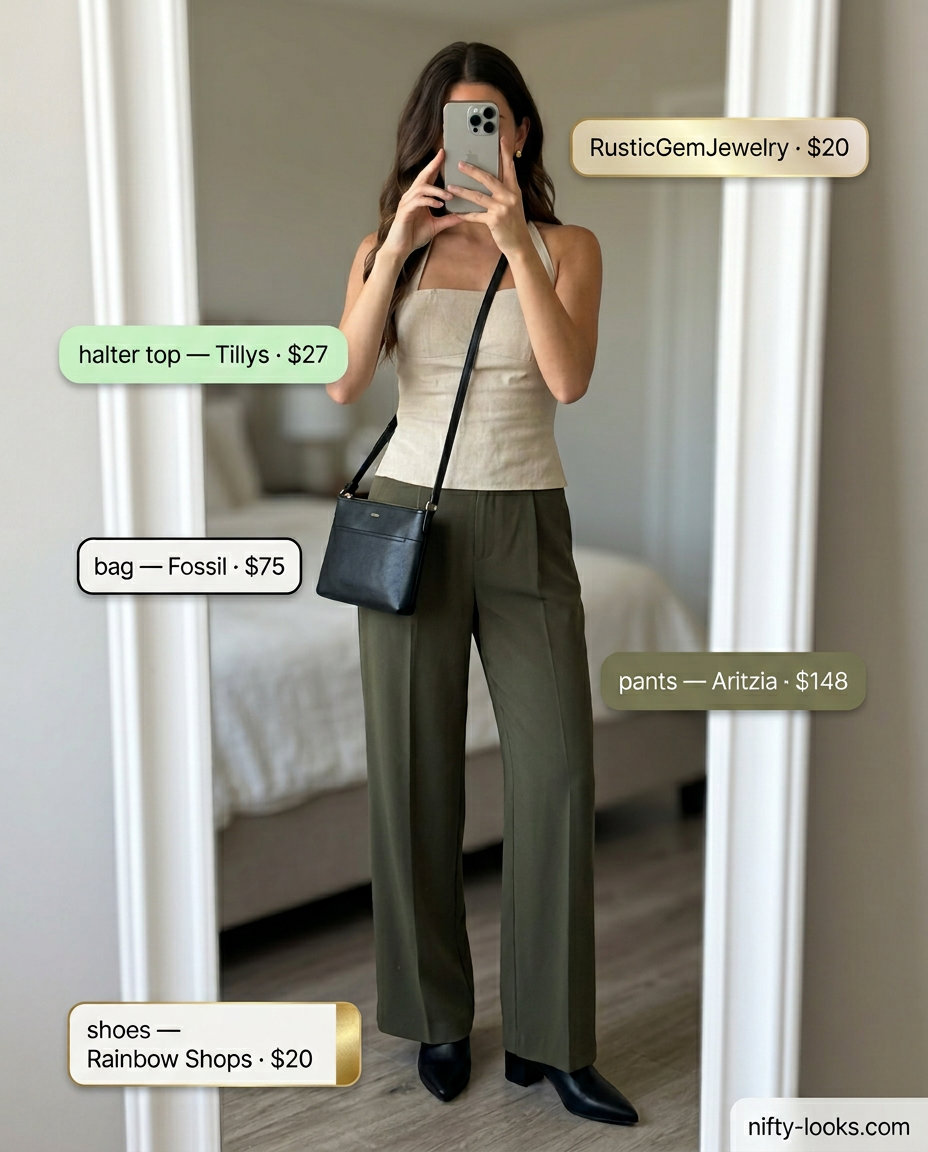 Cream ribbed halter top with olive green wide-leg pants for modern crochet summer halter top outfits for women 2026.