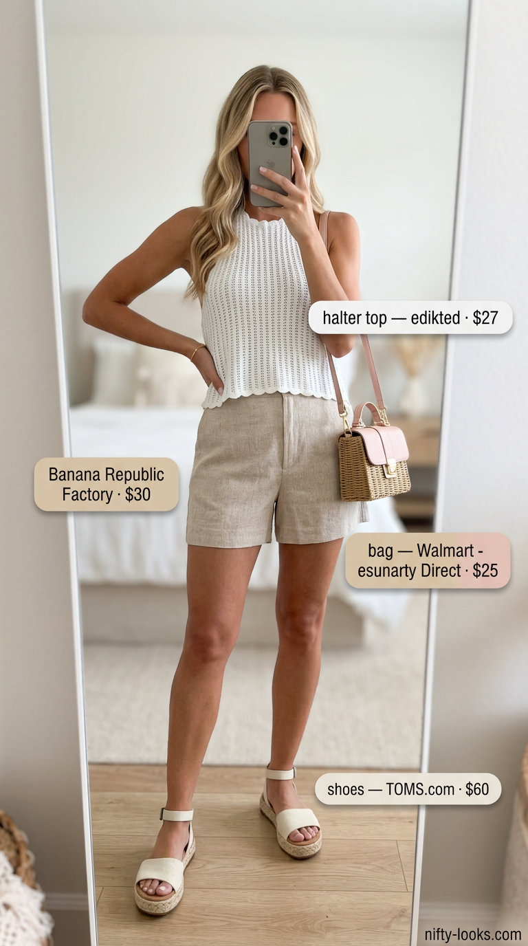 White crochet halter top with beige linen shorts for beachy crochet summer halter top outfits for women 2026.