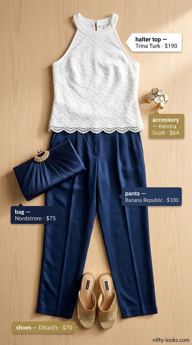 White crochet halter top with navy palazzo pants for elegant crochet summer halter top outfits for women 2026.