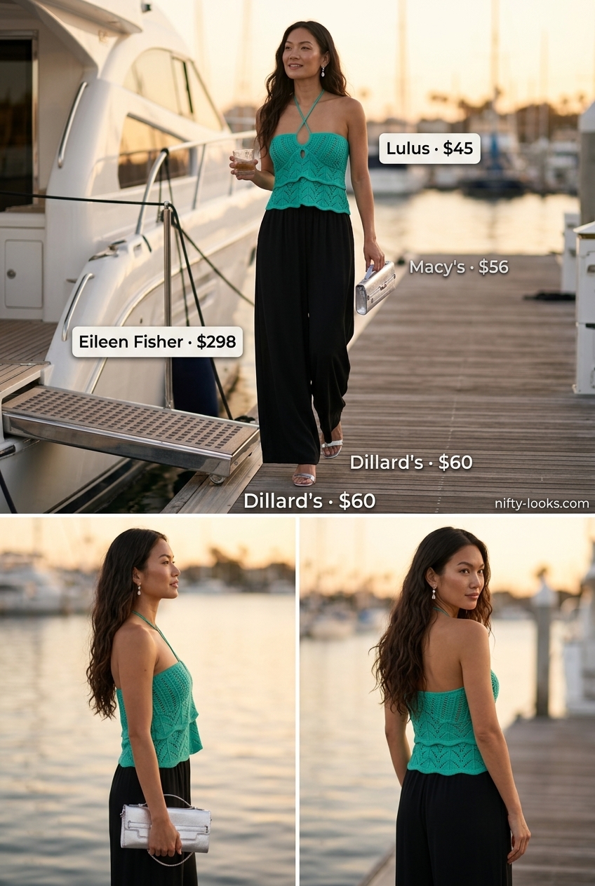 Teal crochet halter top with black wide-leg trousers for glamorous crochet summer halter top outfits for women 2026.