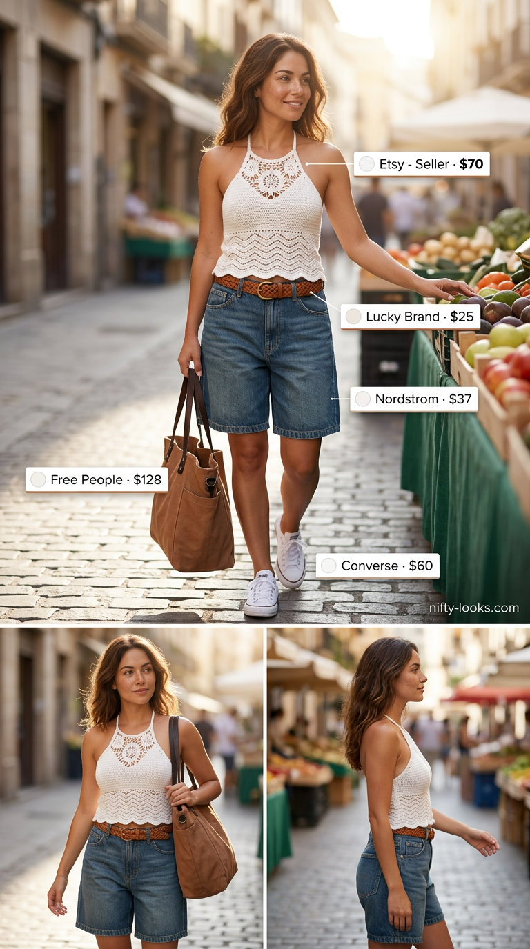 White crochet halter top with denim shorts for casual crochet summer halter top outfits for women 2026.