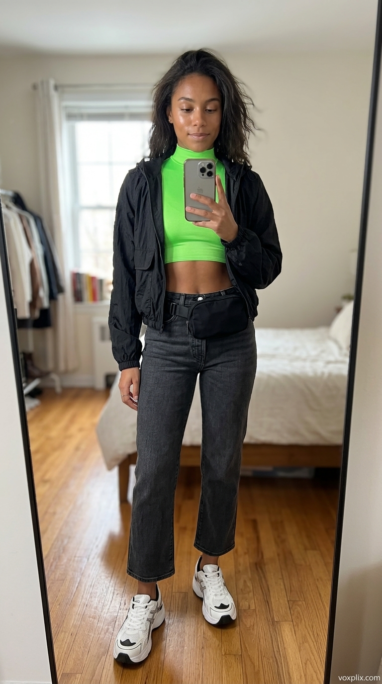 Sporty cropped jean outfits summer for women 2026: grey slim jeans, neon crop top, track jacket, fashion sneakers for errands.
